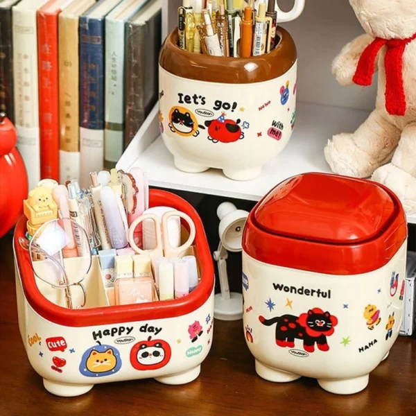 Seeo ที่ใส่ปากกา, Multi Grid พร้อมสติ๊กเกอร์ กล่องเก็บของตั้งโต๊ะ, กล่องเครื่องเขียนความจุขนาดใหญ่ลายการ์ตูน